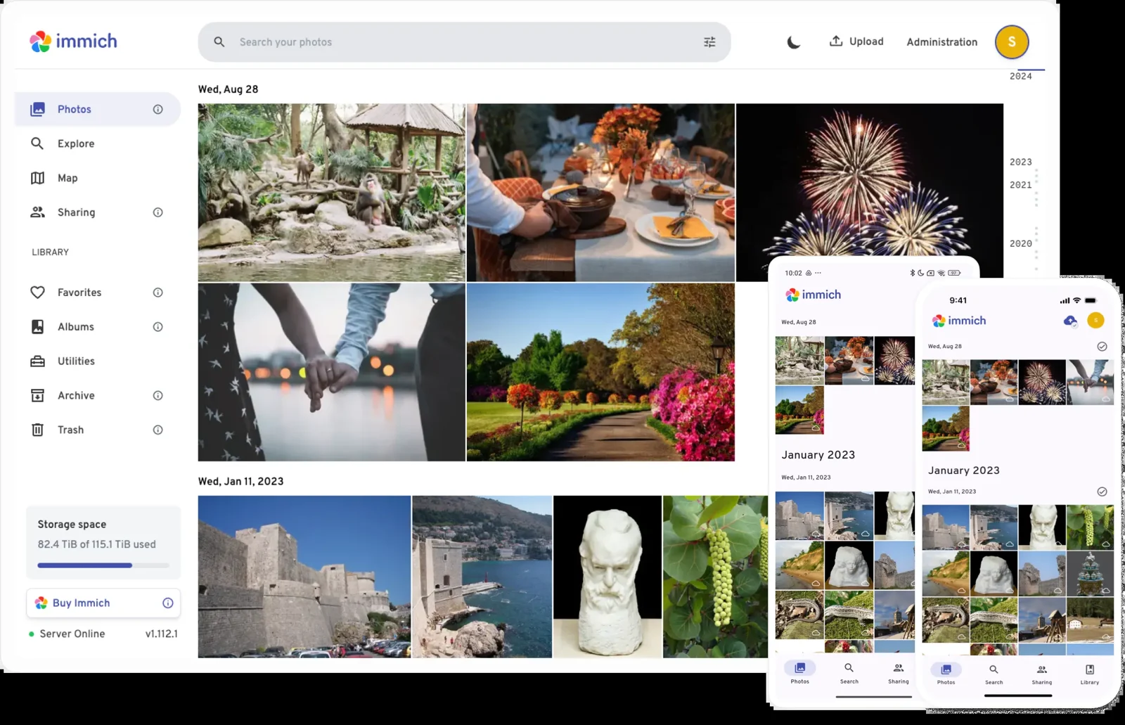 Interface do Immich